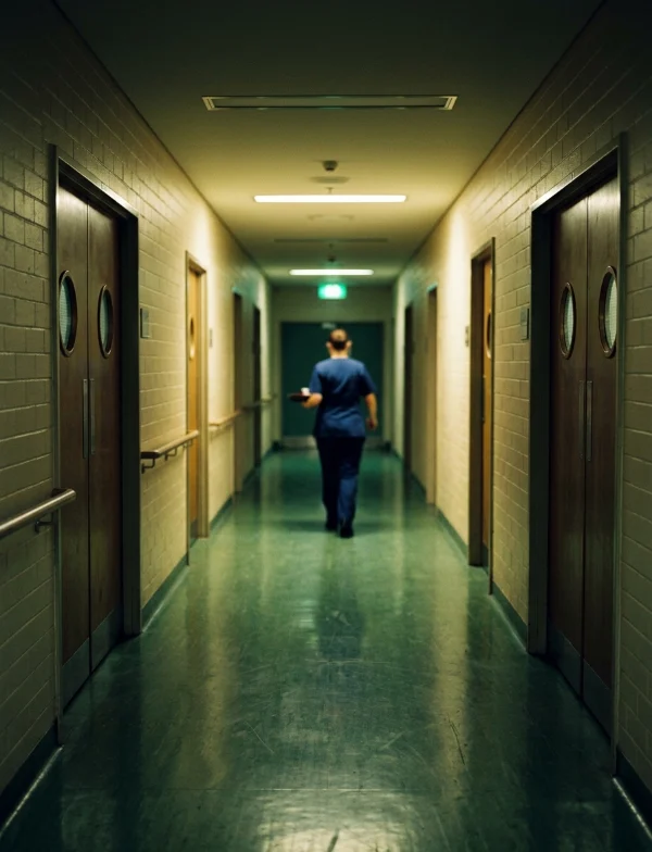 Illustration of a nurse walking away down a dim hospital corridor at night. Not an actual scene from the case.