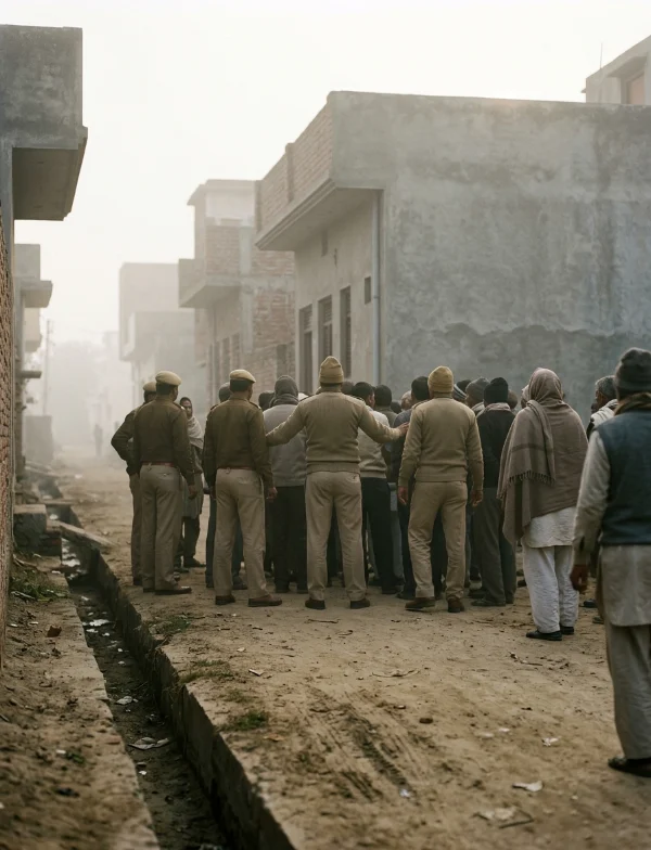 Illustration of police officers holding back a crowd in a misty lane of concrete houses on the edge of a north Indian city. Not an actual scene from the case.