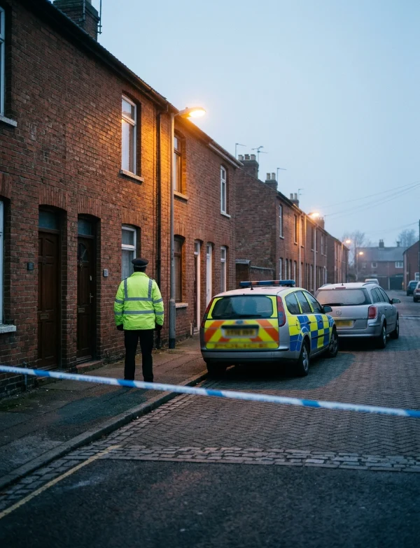 Illustration of a police officer and patrol car behind police tape on a terraced English street at dawn. Not an actual scene from the case.