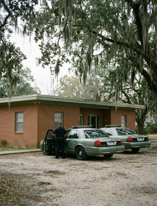 Illustration of a deputy beside patrol cars outside a low brick building under moss-draped oaks in south Louisiana. Not an actual scene from the case.