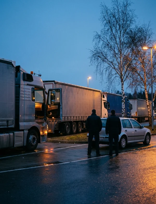Illustration of two plainclothes officers beside parked semi-trucks at a highway truck stop at dusk. Not an actual scene from the case.
