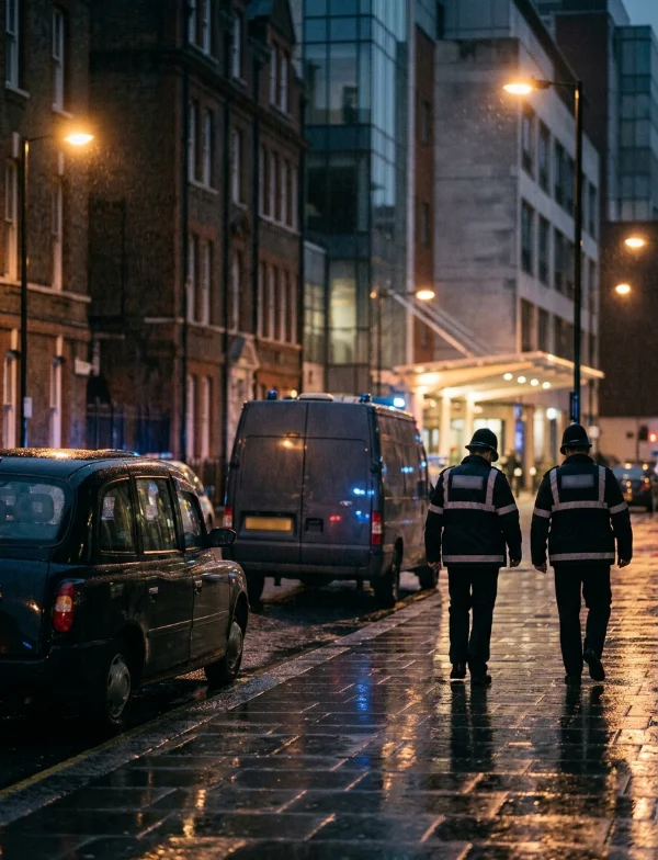 Illustration of two police officers walking a wet London street at night past a taxi and a parked van. Not an actual scene from the case.