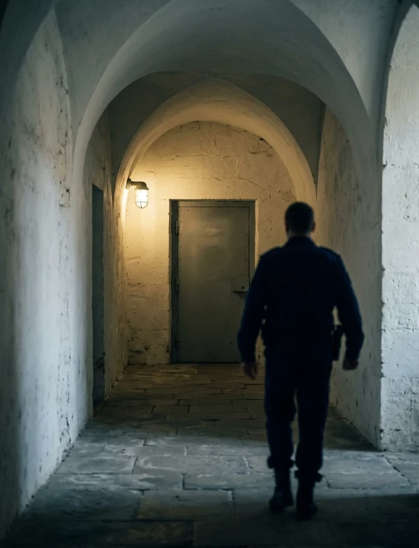 Illustration of a guard walking down a vaulted stone corridor toward a closed door in an old French courthouse basement. Not an actual scene from the case.