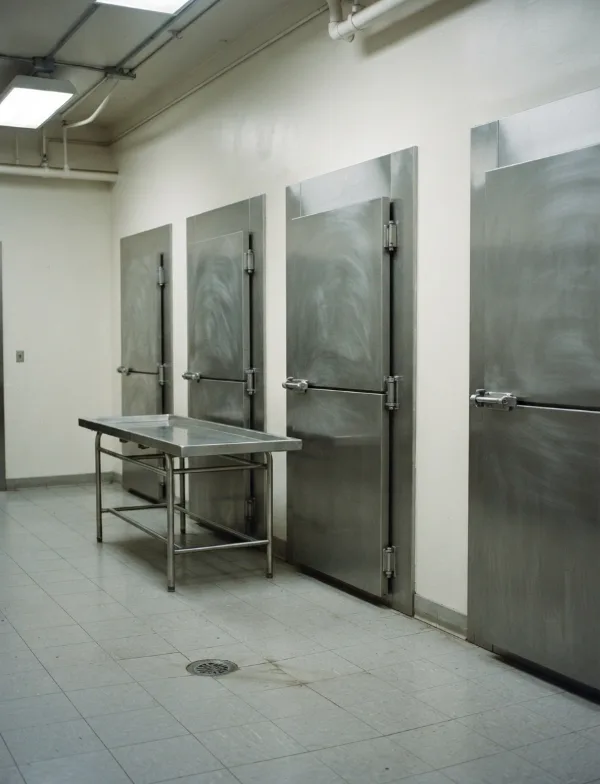 Illustration: stainless steel morgue cooler doors in a medical examiner's office
