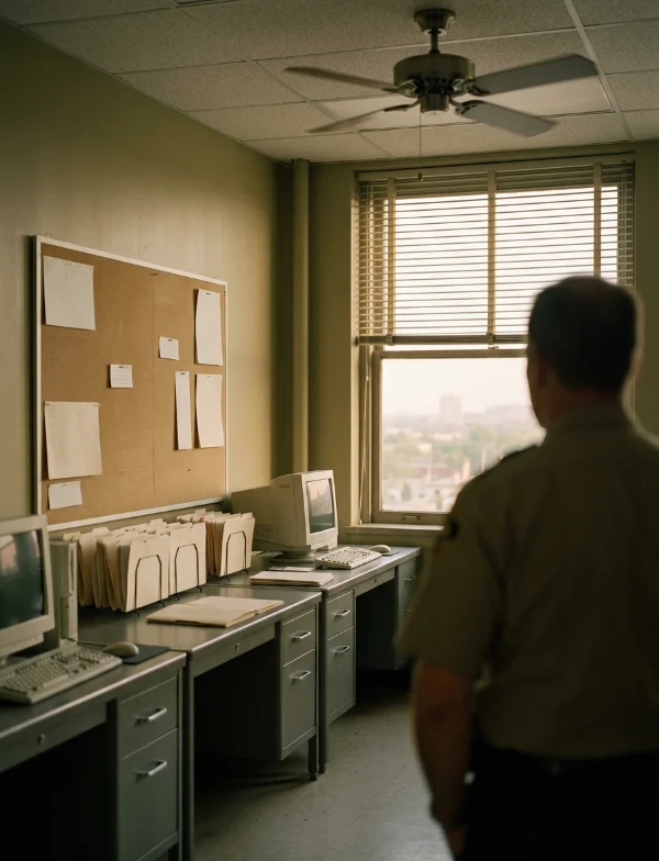 Illustration of an officer looking over a 1990s police detectives' squad room with desks, files and a corkboard. Not an actual scene from the case.