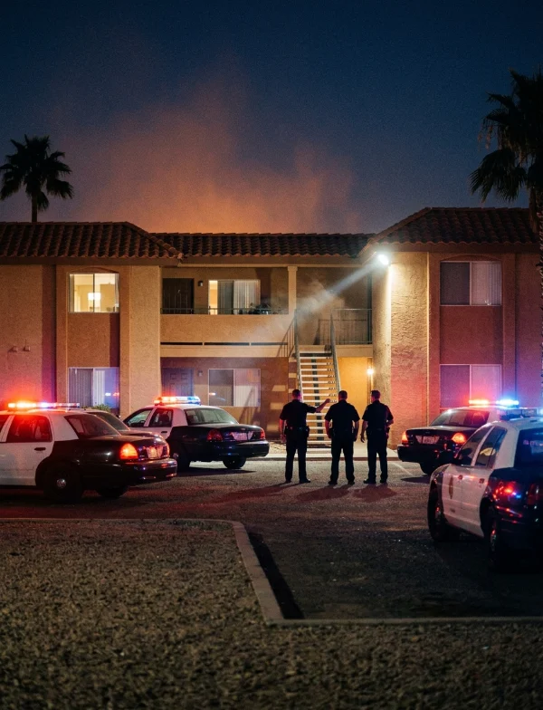 Illustration of police cars with flashing lights and officers outside a stucco apartment complex under palm trees at night. Not an actual scene from the case.