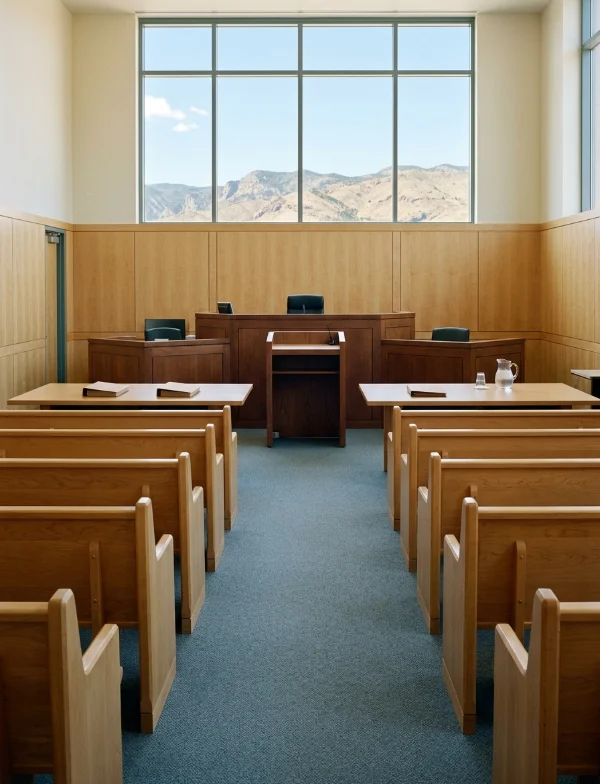 Illustration of an empty courtroom with wooden pews and a tall window looking onto Colorado mountains. Not an actual scene from the case.