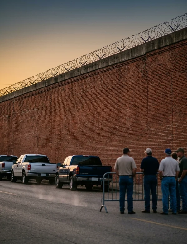 Illustration of men standing by a barricade along a high red-brick prison wall topped with razor wire at sunset. Not an actual scene from the case.