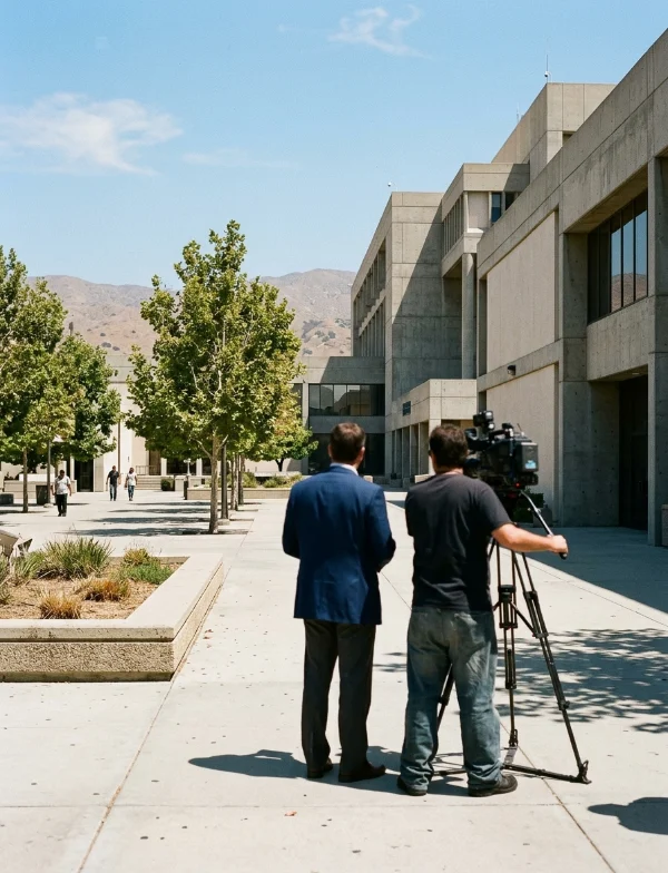 Illustration of a reporter and camera operator outside a concrete civic building with dry hills behind on a sunny day. Not an actual scene from the case.
