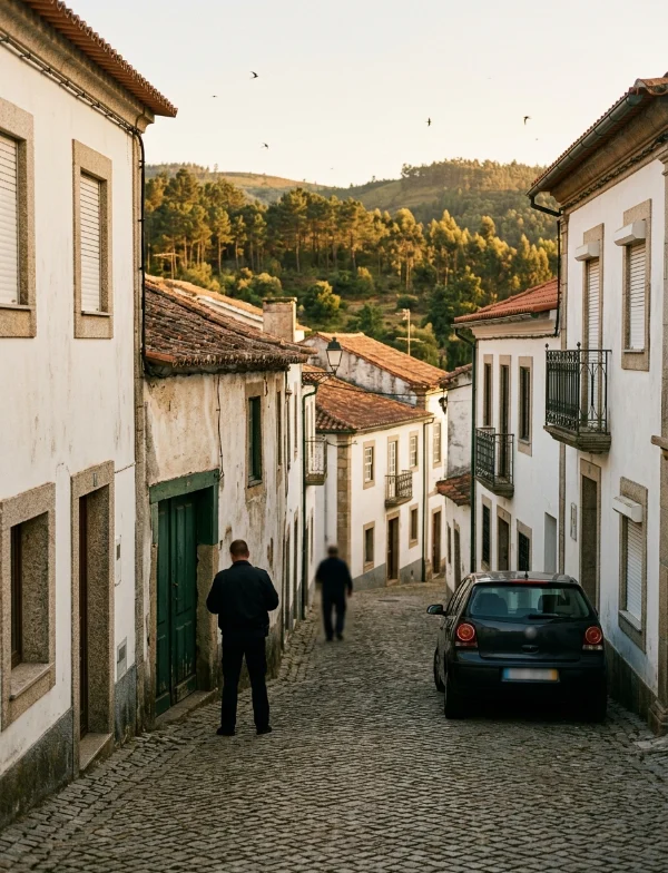 Illustration of two men walking up a cobbled street of whitewashed houses in a small Portuguese hill town at dusk. Not an actual scene from the case.