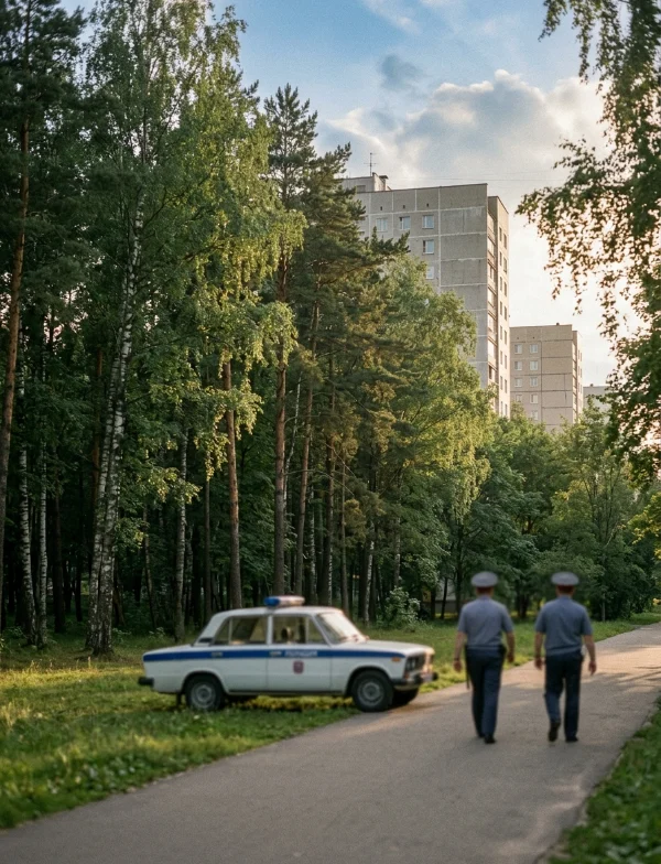 Illustration of two police officers and a patrol car on a path at the edge of a Moscow forest park beside apartment blocks. Not an actual scene from the case.