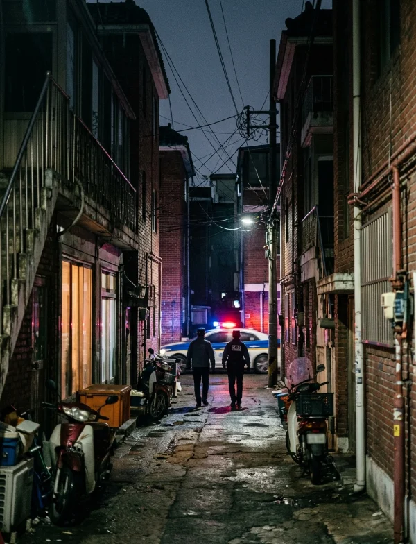 Illustration of two police officers walking toward a patrol car down a narrow residential alley in Seoul at night. Not an actual scene from the case.