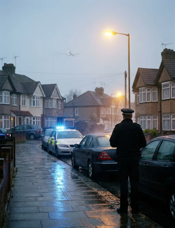 Illustration of a police officer and patrol car on a rainy west London suburban street at dusk. Not an actual scene from the case.