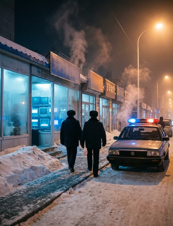 Illustration of two police officers walking past an internet cafe on a snowy street in a northeast Chinese city at night. Not an actual scene from the case.