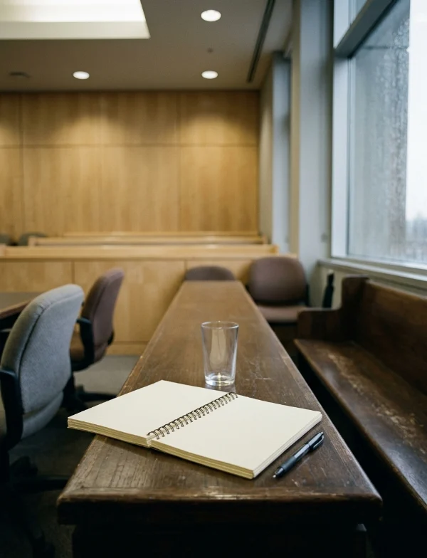 Illustration of an open notebook, pen and glass of water on an empty press bench in a modern courtroom. Not an actual scene from the case.