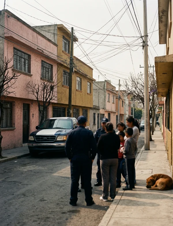 Illustration of police officers talking with neighbors on a residential street of pastel houses in Mexico City. Not an actual scene from the case.