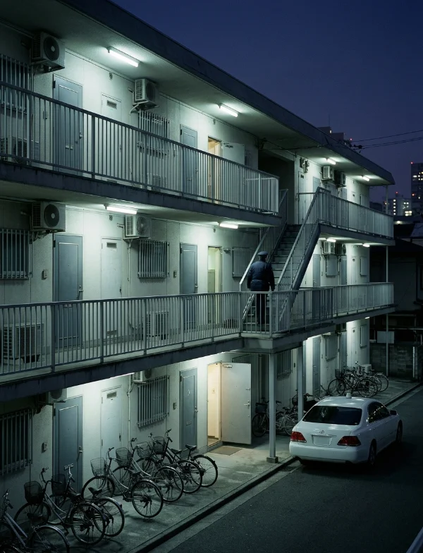 Illustration of an officer climbing the outdoor stairs of a two-story Japanese apartment block at night, bicycles parked below. Not an actual scene from the case.