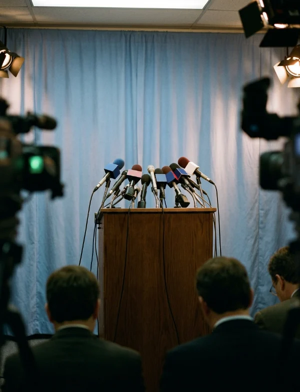 Illustration of a podium crowded with microphones before a blue curtain at a police news conference. Not an actual scene from the case.