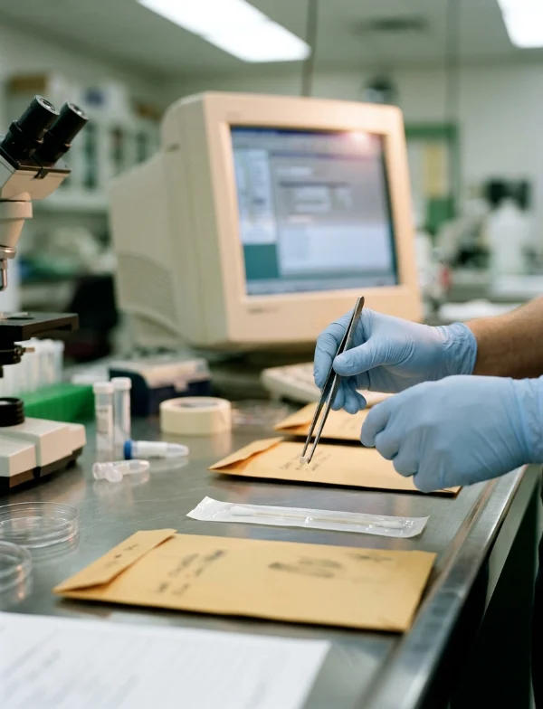 Illustration of gloved hands handling evidence envelopes with tweezers on a forensic laboratory bench. Not an actual scene from the case.