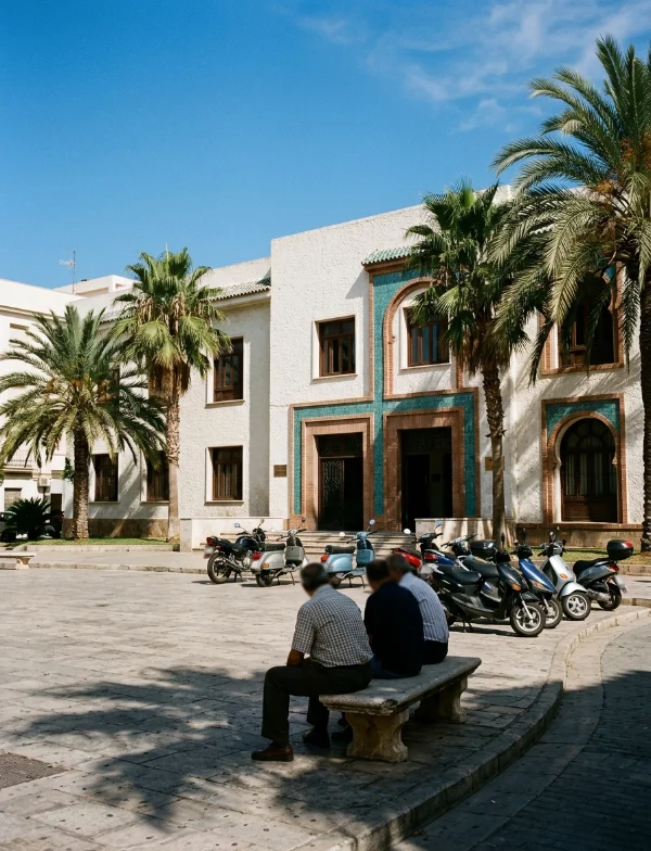 Illustration of men on a bench in a sunny square before a white building with turquoise tile trim and palm trees in Melilla. Not an actual scene from the case.