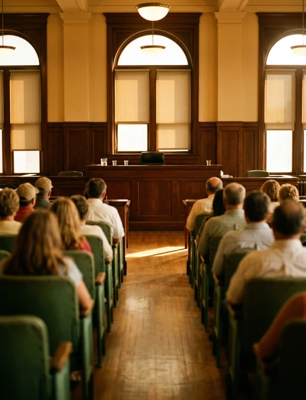 Illustration of a crowded courtroom gallery seen from behind, facing the bench in a wood-paneled Kansas courtroom. Not an actual scene from the case.