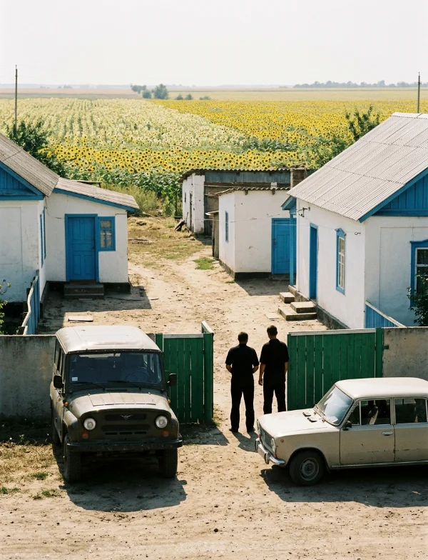 Illustration of two men at the gate of a whitewashed rural house beside a sunflower field in a small Ukrainian town. Not an actual scene from the case.