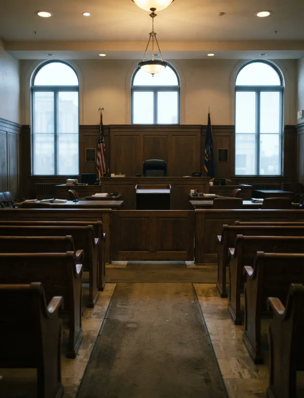 Illustration: empty American courtroom seen from the public gallery