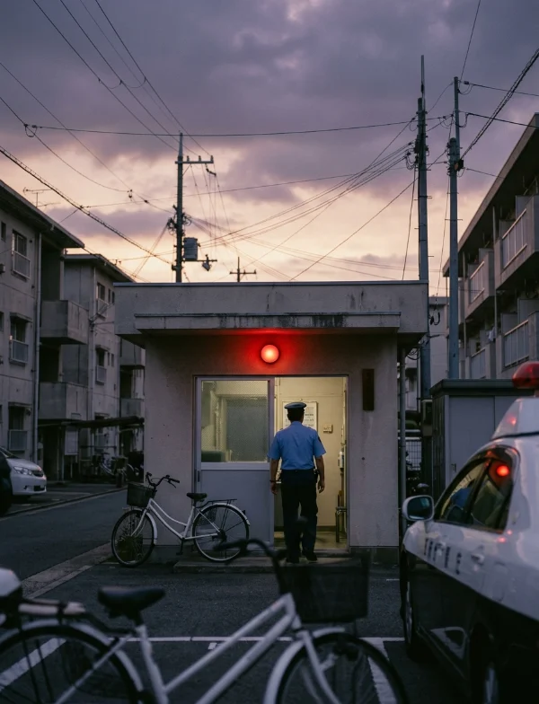 Illustration of a police officer at a small neighborhood police box beside apartment blocks in suburban Japan at dusk. Not an actual scene from the case.