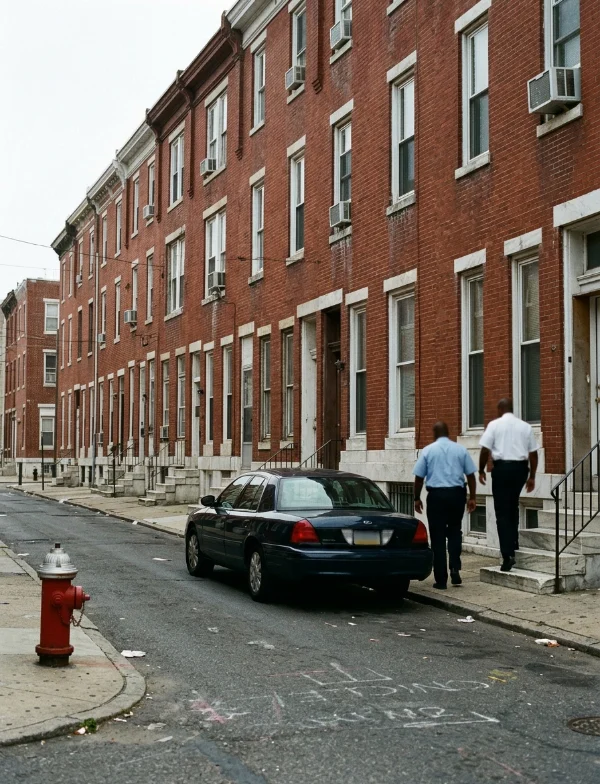 Illustration of two detectives walking along a block of brick rowhouses in Philadelphia past a parked unmarked car. Not an actual scene from the case.