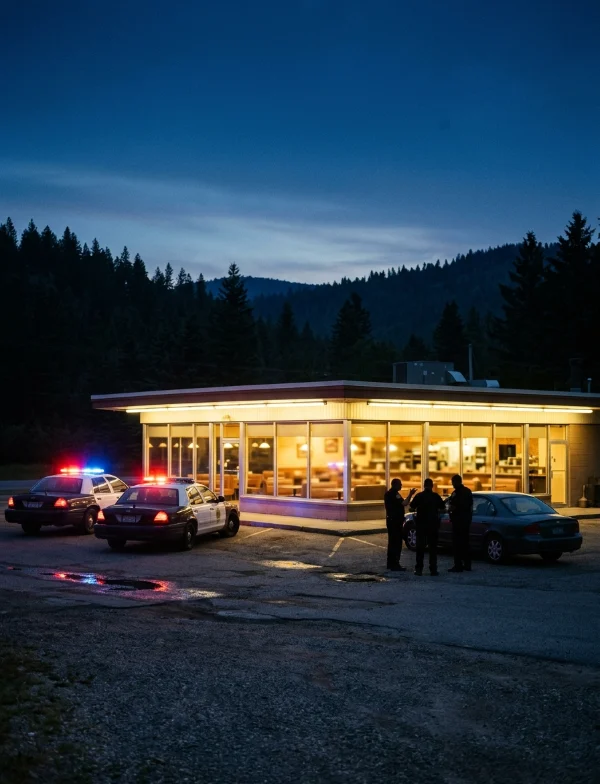 Illustration of police cars and officers outside a lit roadside diner among pine-covered hills before dawn. Not an actual scene from the case.