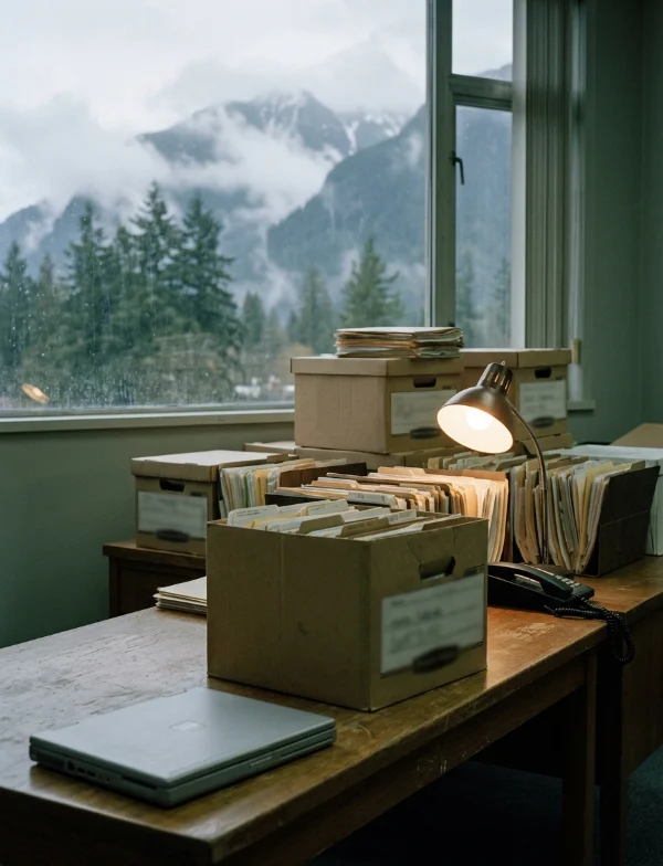 Illustration of case-file boxes and a desk lamp on a table by a window looking out on misty British Columbia mountains. Not an actual scene from the case.