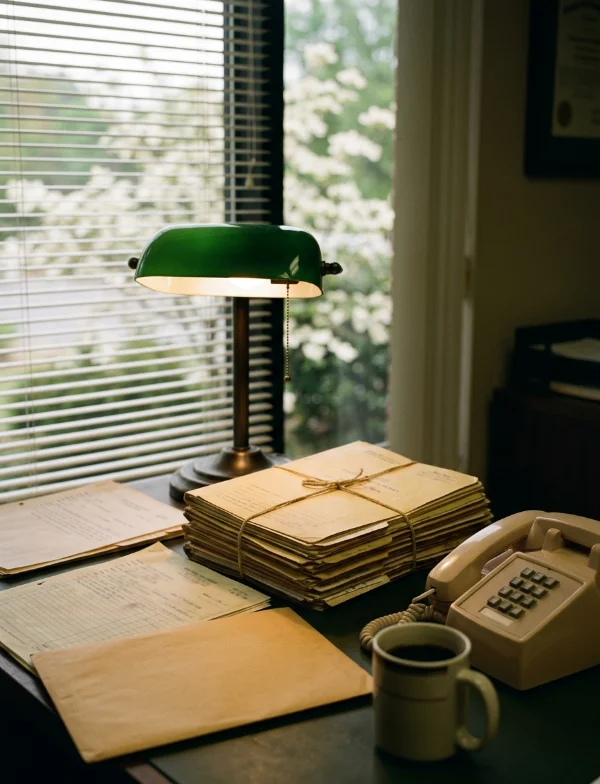 Illustration of a bundle of old case files tied with string on a detective's desk beside a green lamp and a rotary phone. Not an actual scene from the case.