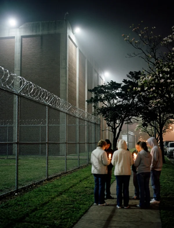 Illustration of people holding candles on a path beside a razor-wire prison fence on a foggy night. Not an actual scene from the case.