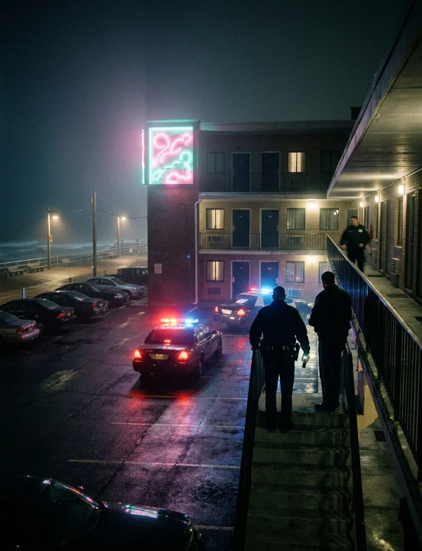 Illustration of police officers on the walkway of a two-story seaside motel at night, patrol cars below. Not an actual scene from the case.