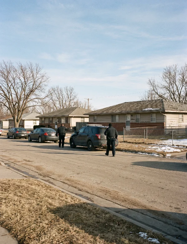 Illustration of officers beside an unmarked SUV on a quiet street of ranch houses in small-town Kansas in winter. Not an actual scene from the case.