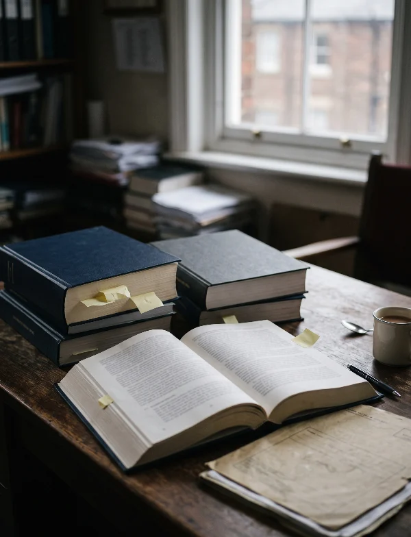 Illustration of bound report volumes and an open book with sticky notes on a desk by a window in an English office. Not an actual scene from the case.