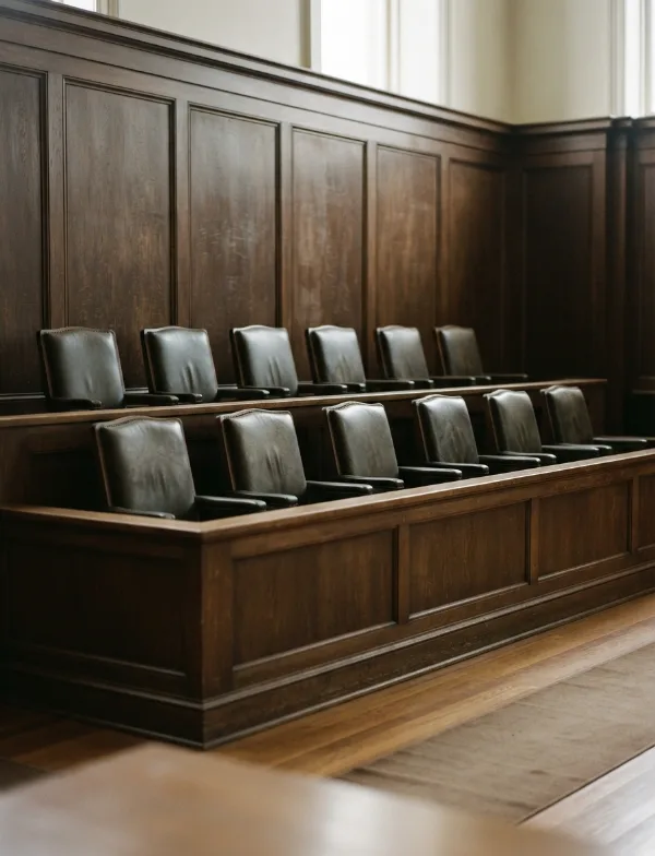 Illustration: empty jury box with twelve chairs