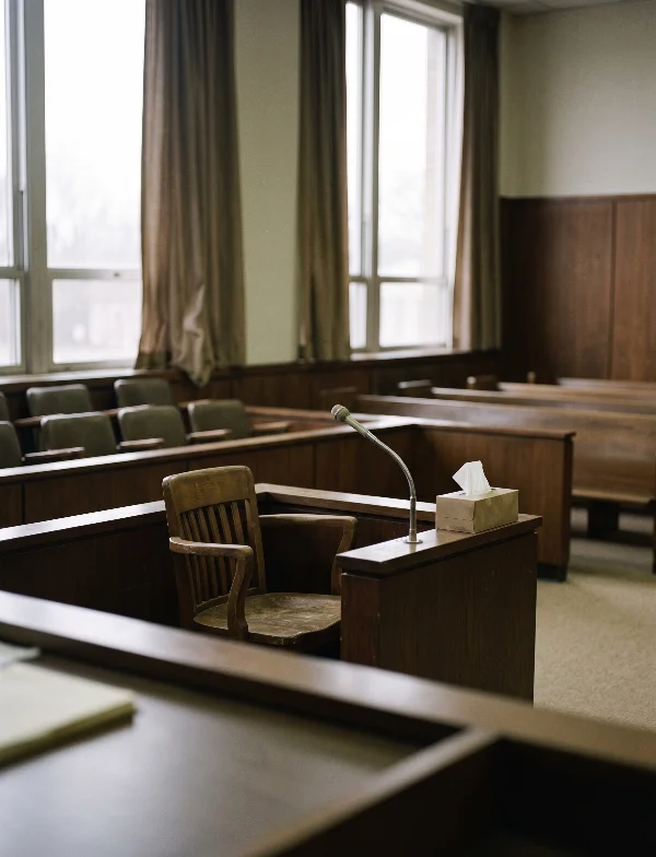 Illustration of an empty witness stand with a microphone and a tissue box in a wood-paneled courtroom. Not an actual scene from the case.