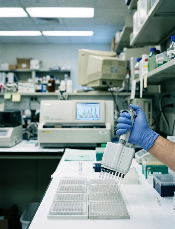 Illustration of a gloved hand pipetting into sample trays beside a DNA sequencer in a forensic laboratory. Not an actual scene from the case.