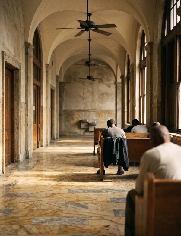 Illustration of people waiting on wooden benches in a long arched courthouse hallway with ceiling fans in Louisiana. Not an actual scene from the case.