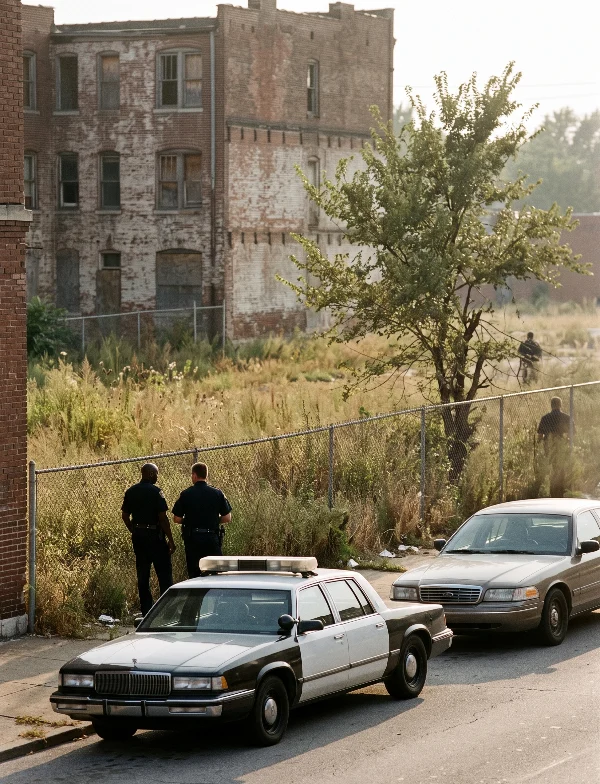 Illustration of police officers and patrol cars beside a fenced vacant lot and old brick buildings in a Midwestern city. Not an actual scene from the case.