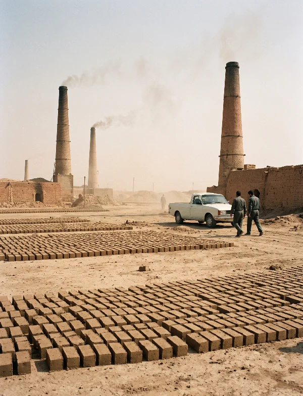 Illustration of two men walking past rows of drying bricks and smoking kiln chimneys on a dusty plain. Not an actual scene from the case.