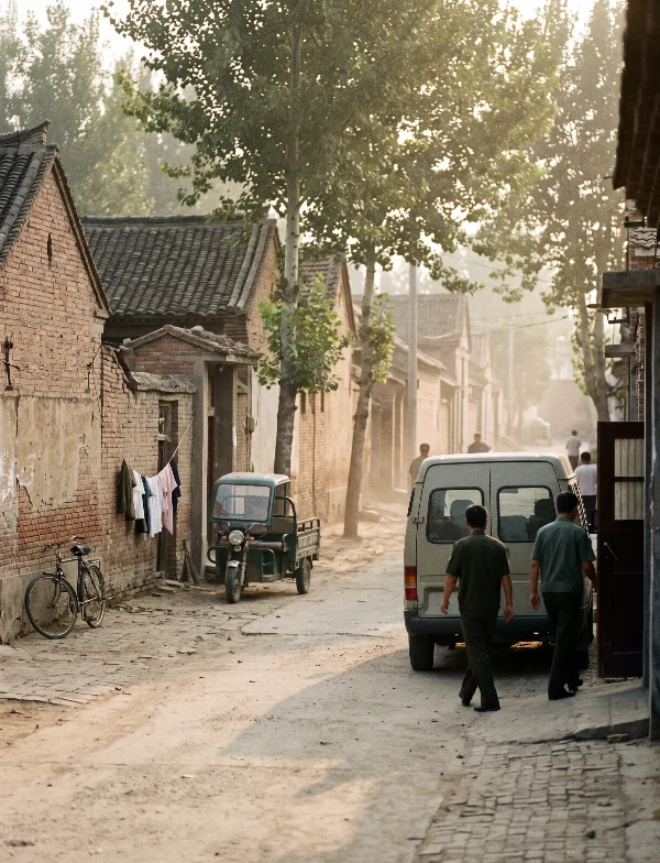 Illustration of two men walking along a dusty lane of old brick houses under poplar trees in a central Chinese town. Not an actual scene from the case.