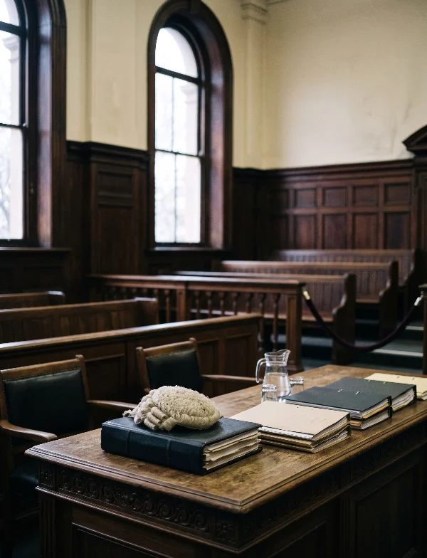 Illustration of a barrister's wig and bound briefs on the bar table of an empty wood-paneled Australian courtroom. Not an actual scene from the case.