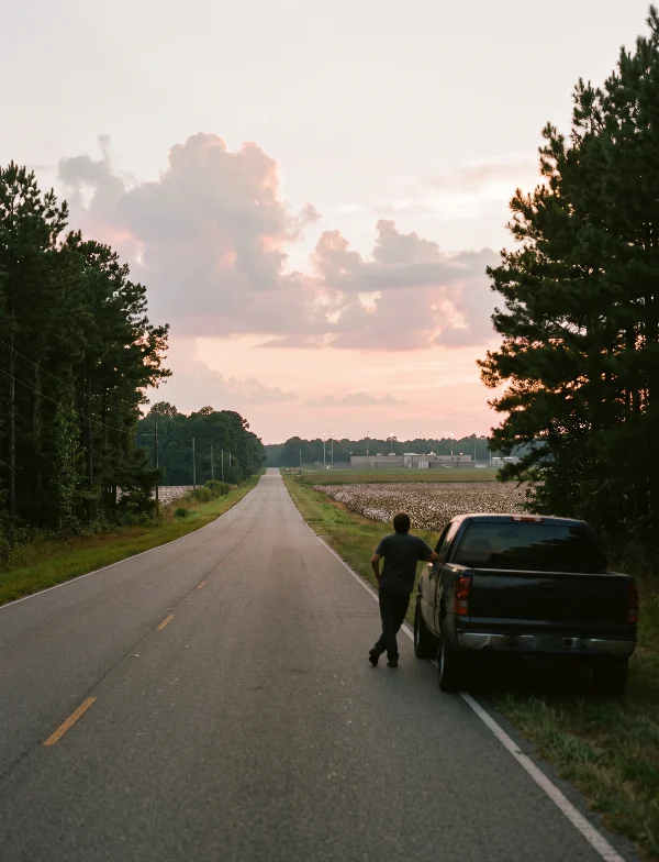 Illustration of a man standing by a pickup truck on a rural Alabama road through pine woods, a prison in the distance at dusk. Not an actual scene from the case.