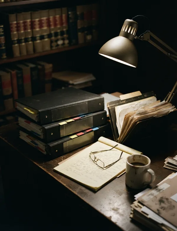 Illustration: attorney's desk with stacked legal binders and files