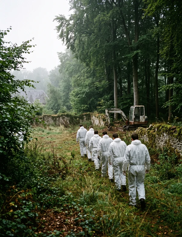 Illustration of searchers in white suits walking toward a digger on overgrown château grounds in a misty Ardennes wood. Not an actual scene from the case.