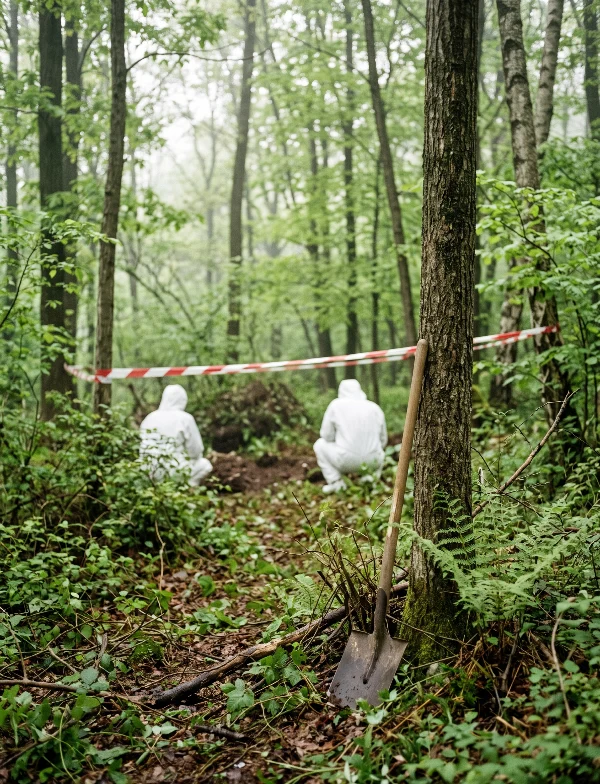 Illustration of forensic investigators kneeling by taped-off ground in a green woodland, a shovel against a tree. Not an actual scene from the case.