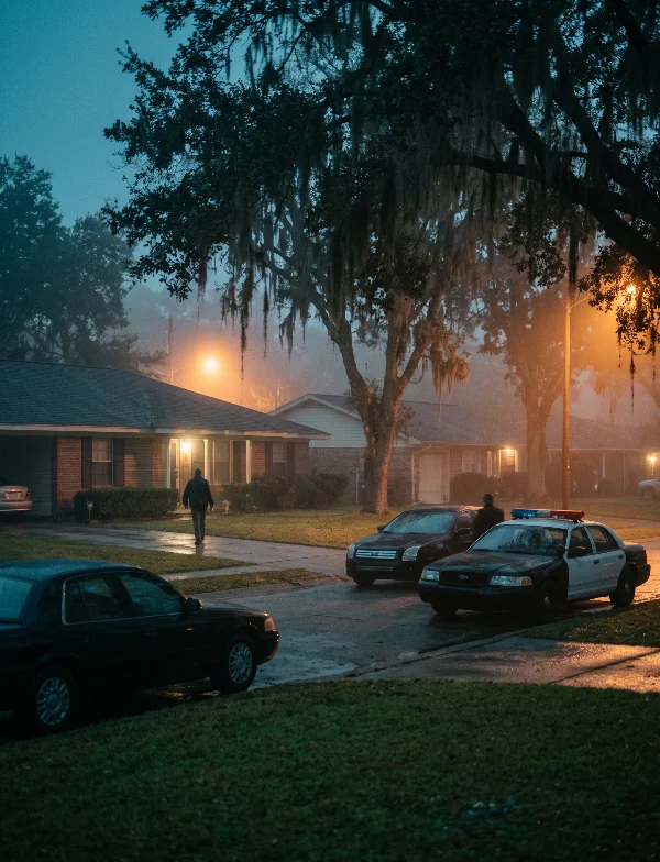 Illustration of a patrol car and unmarked cars outside a brick ranch house under moss-draped oaks before dawn. Not an actual scene from the case.