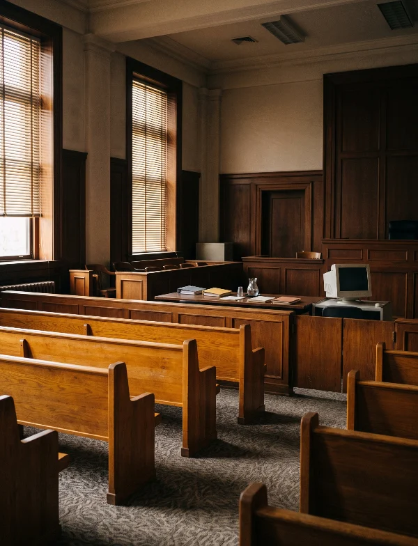 Illustration of an empty county courtroom with wooden benches, sunlit blinds and an old computer at the clerk's desk. Not an actual scene from the case.